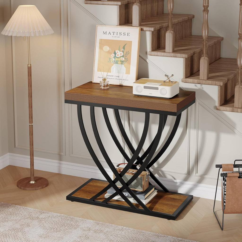 Tribesigns Side Table Set of 2, Narrow 2-Tier End Table for Living Room, Industrial Nightstand with Metal Frame, Small Bedside Tables for Bedroom, Sofa Couch, Small Spaces, Rustic Brown