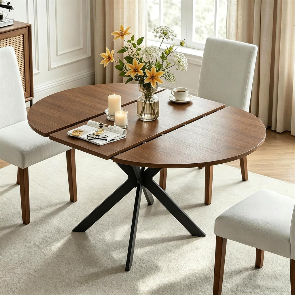 mikibama 54" Extendable Round Dining Table for 4-6, Modern Oval Kitchen Table with Metal Legs & Faux Wood Grain Top, Space Saving Expandable Dining Room Table for Small Space, Easy Assembly, Walnut
