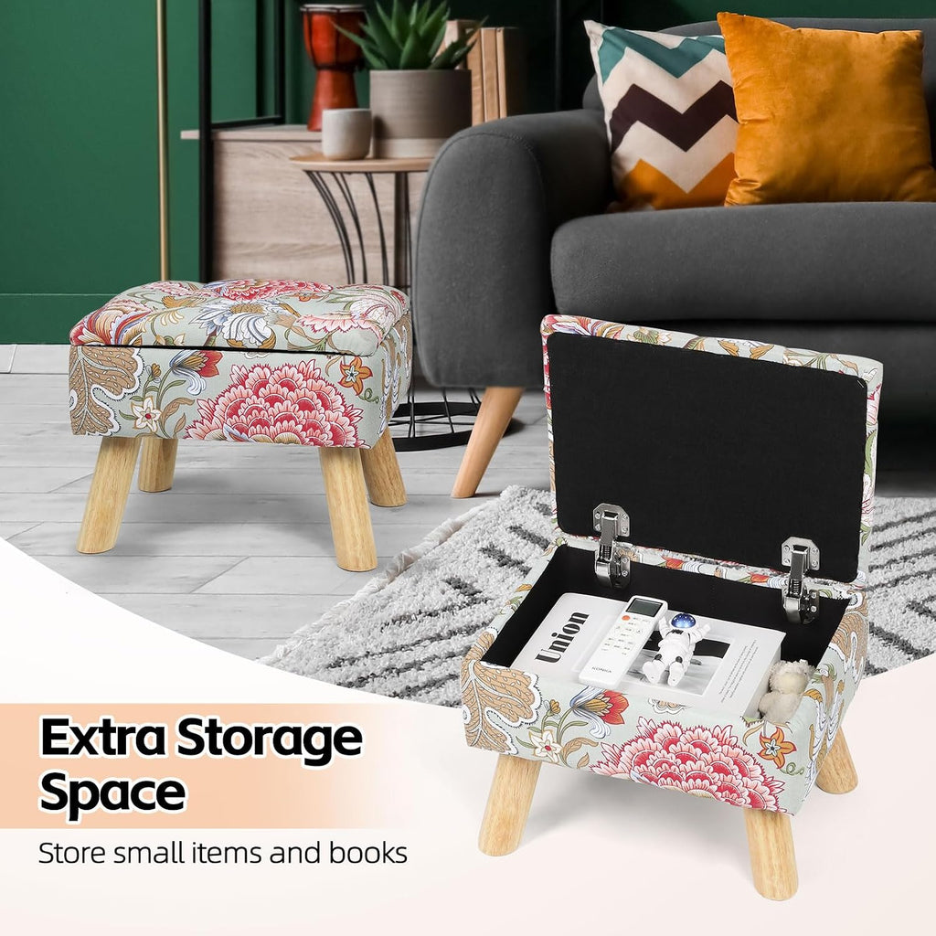 Small Storage Ottoman with Wood Legs, Boho Floral Upholstered Footrest | Hidden Storage Ottoman: Removable Lid Stores Blankets, Toys And Remotes; Doubles As A Footrest Stool