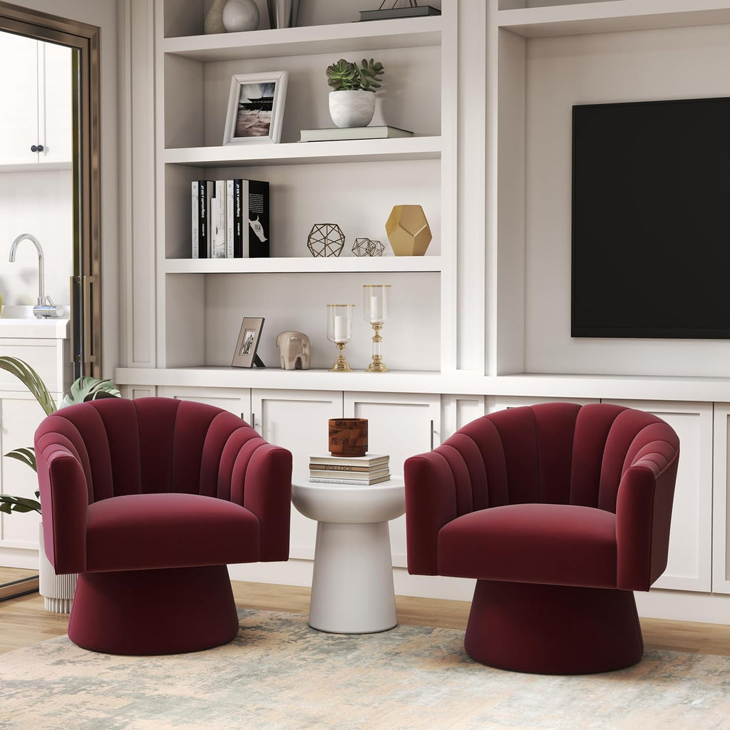Swivel Accent Chair Set of 2, Modern Velvet Barrel Chair for Living Room | Cozy Barrel Chairs with Curved Backrest,a smoothly rotating metal base,Upholstered Armchair for Small Spaces, Bedroom,RED