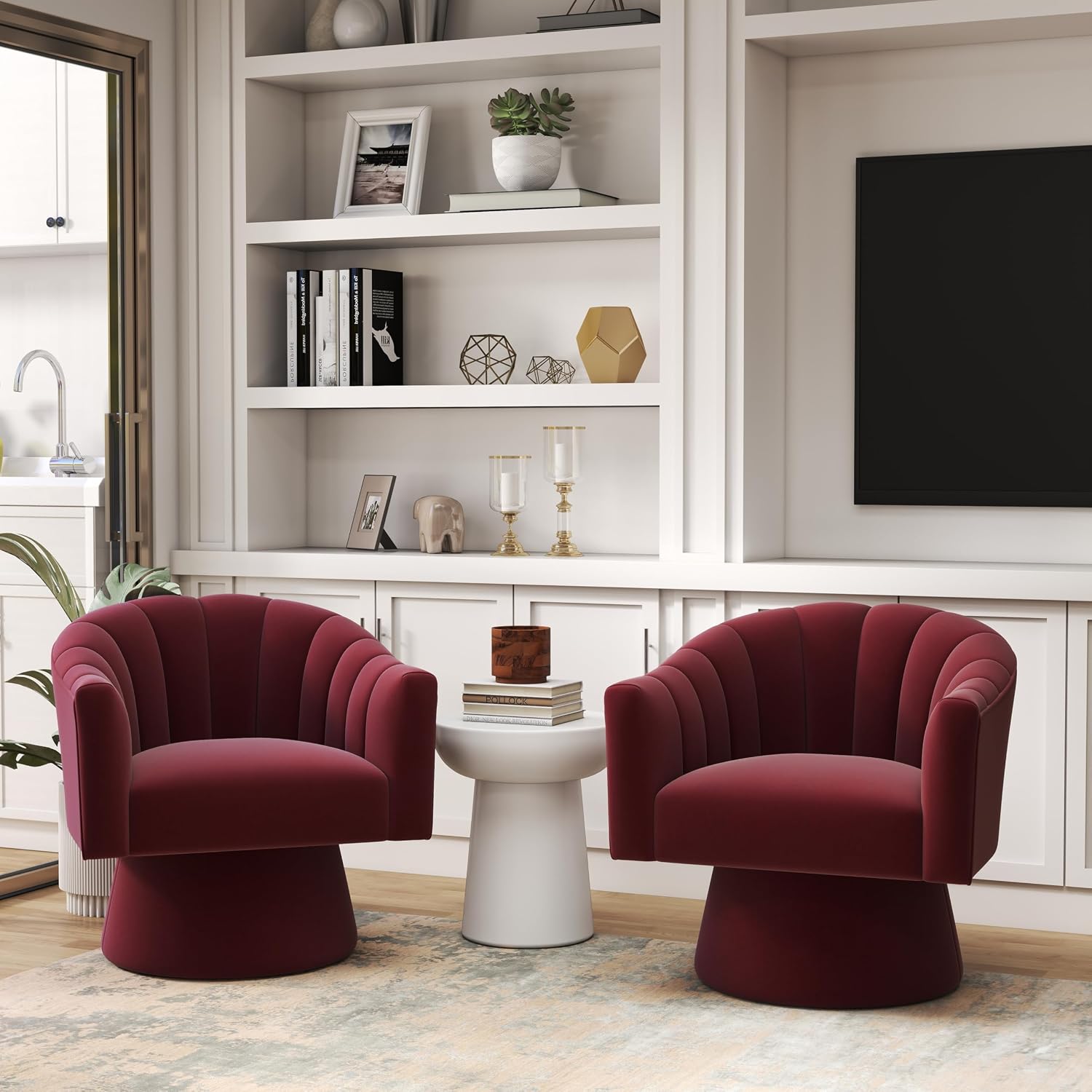 Swivel Accent Chair Set of 2, Modern Velvet Barrel Chair for Living Room | Cozy Barrel Chairs with Curved Backrest,a smoothly rotating metal base,Upholstered Armchair for Small Spaces, Bedroom,RED