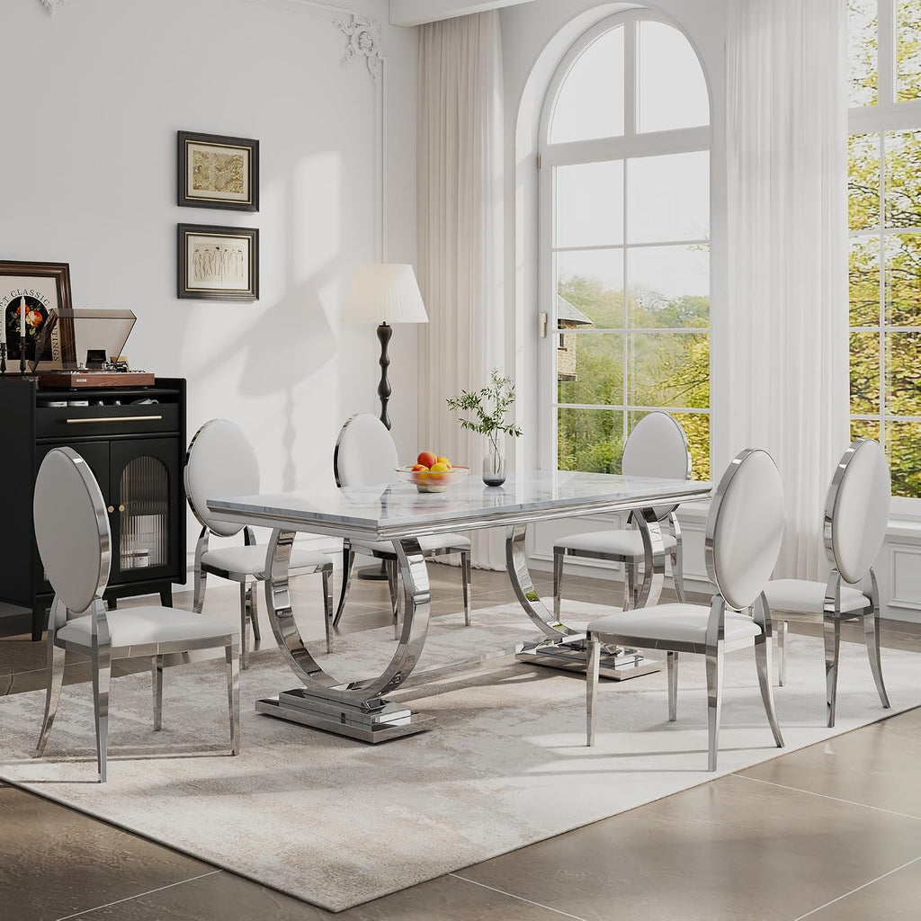 Luxury Marble Dining Table Set for 6 People, 70" Double O-Shaped Faux Marble Kitchen Table with 6 Round PU Leather Chairs, for Kitchen, Dining Room (1 White Table + 6 White Chairs)