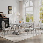 Luxury Marble Dining Table Set for 6 People, 70" Double O-Shaped Faux Marble Kitchen Table with 6 Round PU Leather Chairs, for Kitchen, Dining Room (1 White Table + 6 White Chairs)