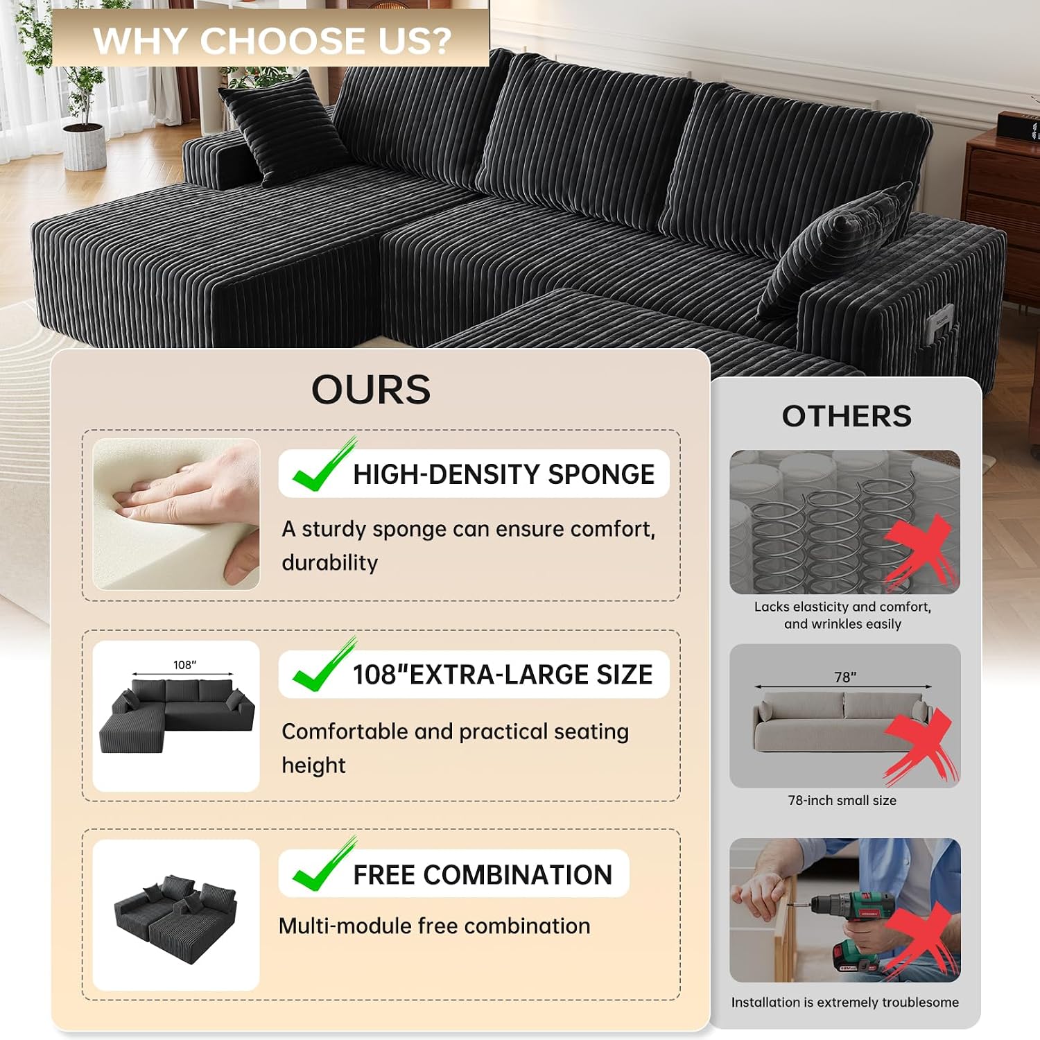 108" U-Shape Modular Sectional Cloud Couch with Ottoman, Deep Seat Couch with Oversized Chaise Lounge, Comfy Flannel Fabric Sofa for Living Room Bedroom Apartment Game Room Basement