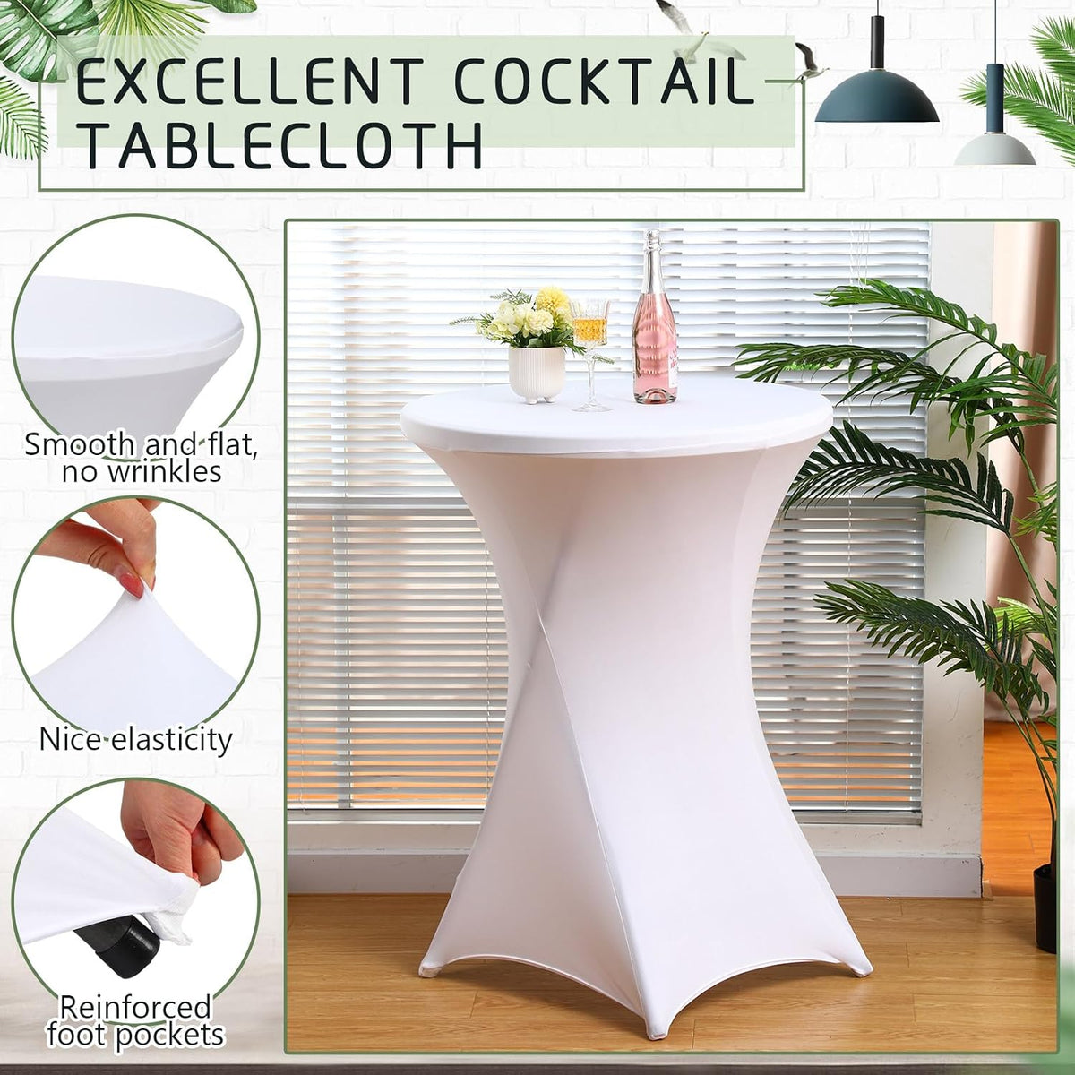 Wenqik 4 Pcs 32'' High Top Cocktail Table White Round Bar Height Folding Table with Removable Legs and 4 Pcs 32x43'' Cocktail Tablecover Spandex Stretch