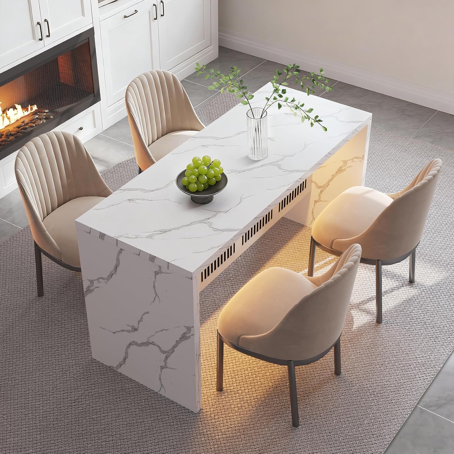 59IN Large Imitation Marble Dining Table, Suitable for 4-6 People, Modern Kitchen Island with LED Lights, Marble Stripes, Easy to Clean, Suitable for Kitchens, Dining Rooms, and Living Rooms