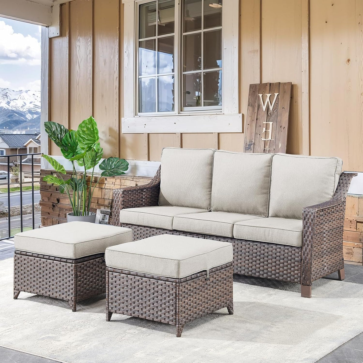Outdoor Wicker Ottomans Rattan Footrests - Heavy Duty Outside Resin Rattan Lawn Footstools for Front Porch Balcony Backyard Yard Deck Apartment – Brown/Beige