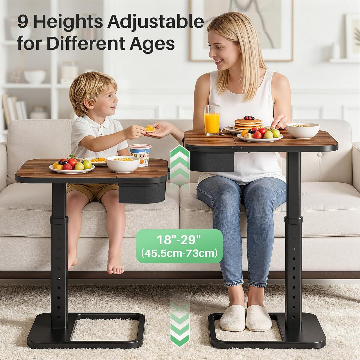 Kitstorack Large TV Tray Table with Flip-Top Storage, Adjustable Height | 18.9" x 14.2" desktop, metal frame, Oxford fabric basket, 9 height settings, C-shaped base, sofa, bed, living room