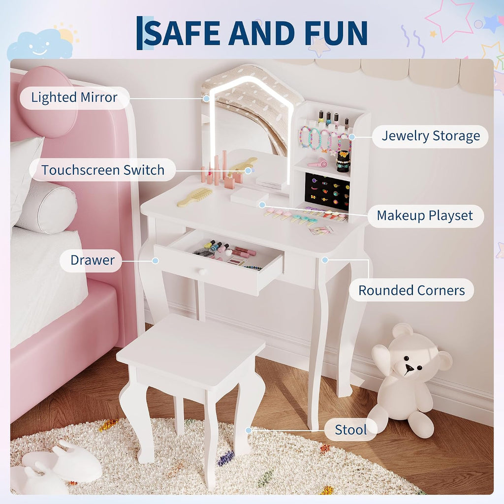 Kids Vanity with Lighted Mirror | Toddler Vanity Table and Chair Set, Girls Makeup Playset, White
