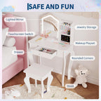 Kids Vanity with Lighted Mirror | Toddler Vanity Table and Chair Set, Girls Makeup Playset, White