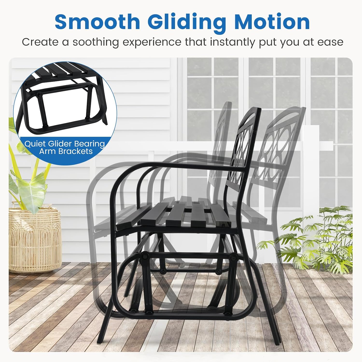 Tangkula 2-Person Outdoor Glider Bench, Rocking Loveseat Chair | Metal Frame, Armrests, Geometric Backrest, Slatted Seat, for Patio, Porch, Garden, Deck and Backyard