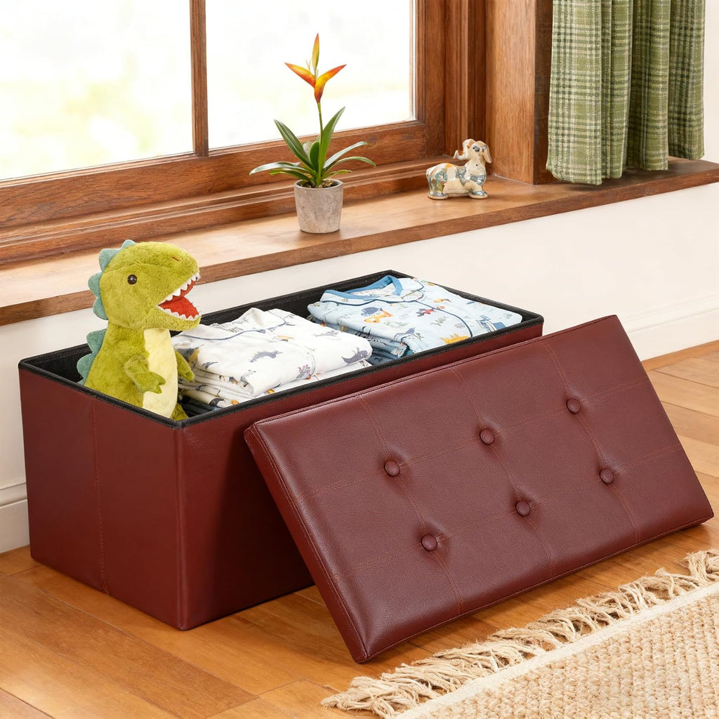 LEMY 30 Inches Folding Ottoman Storage Bench, Foot Rest Stool with Wooden Divider&Large Storage Space, Leather Footstool Bench, Padded Seat for Bedroom, Living Room (Brown, 15" D x 30" W x 15" H)