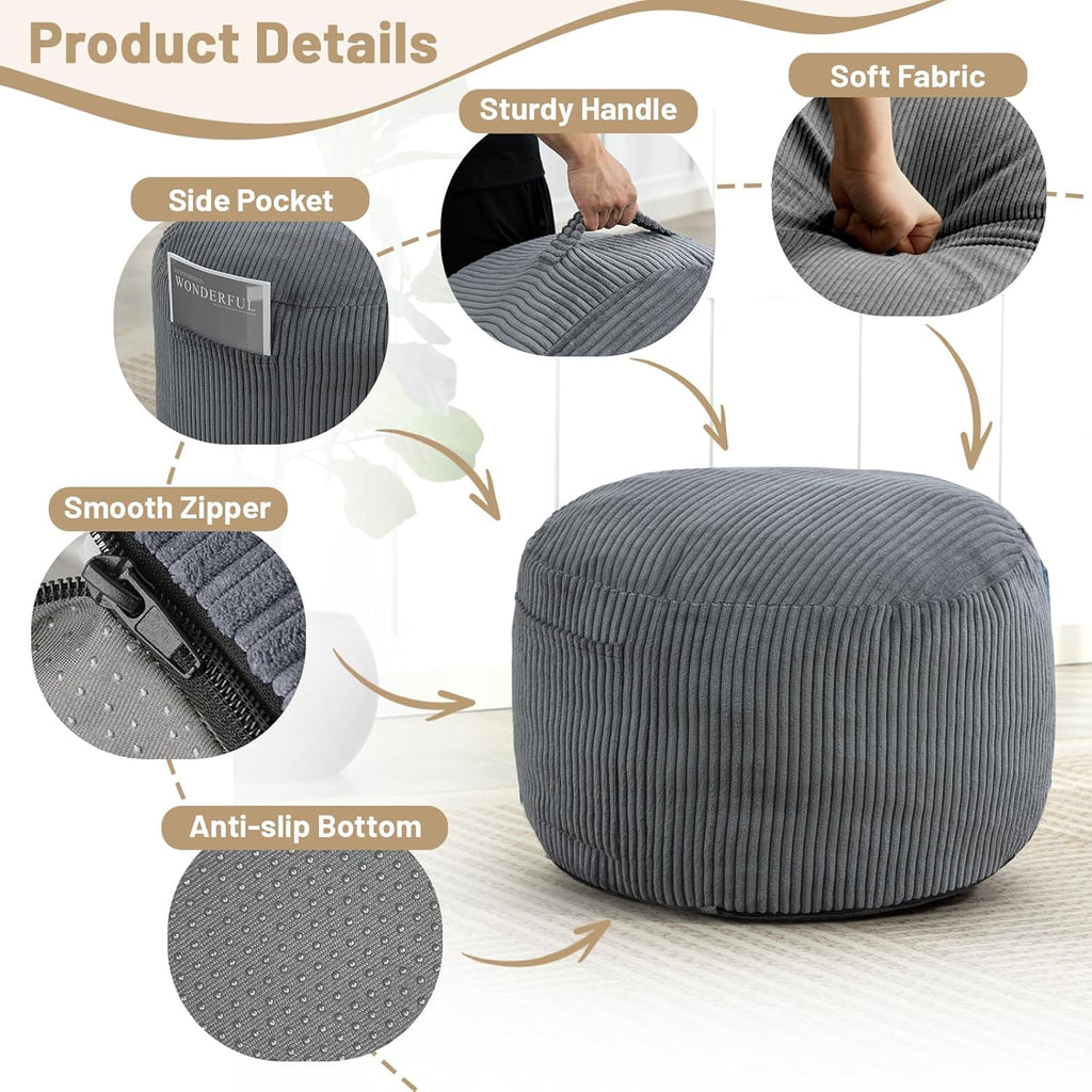 Round Stuffed Pouf Ottoman (Gray, 26" D x 26" W x 18" H) | Corduroy Foot Rest with Rebound Foam Filling, Furry and Fluffy Foot Stool Ottoman, Floor Poufs for Living Room