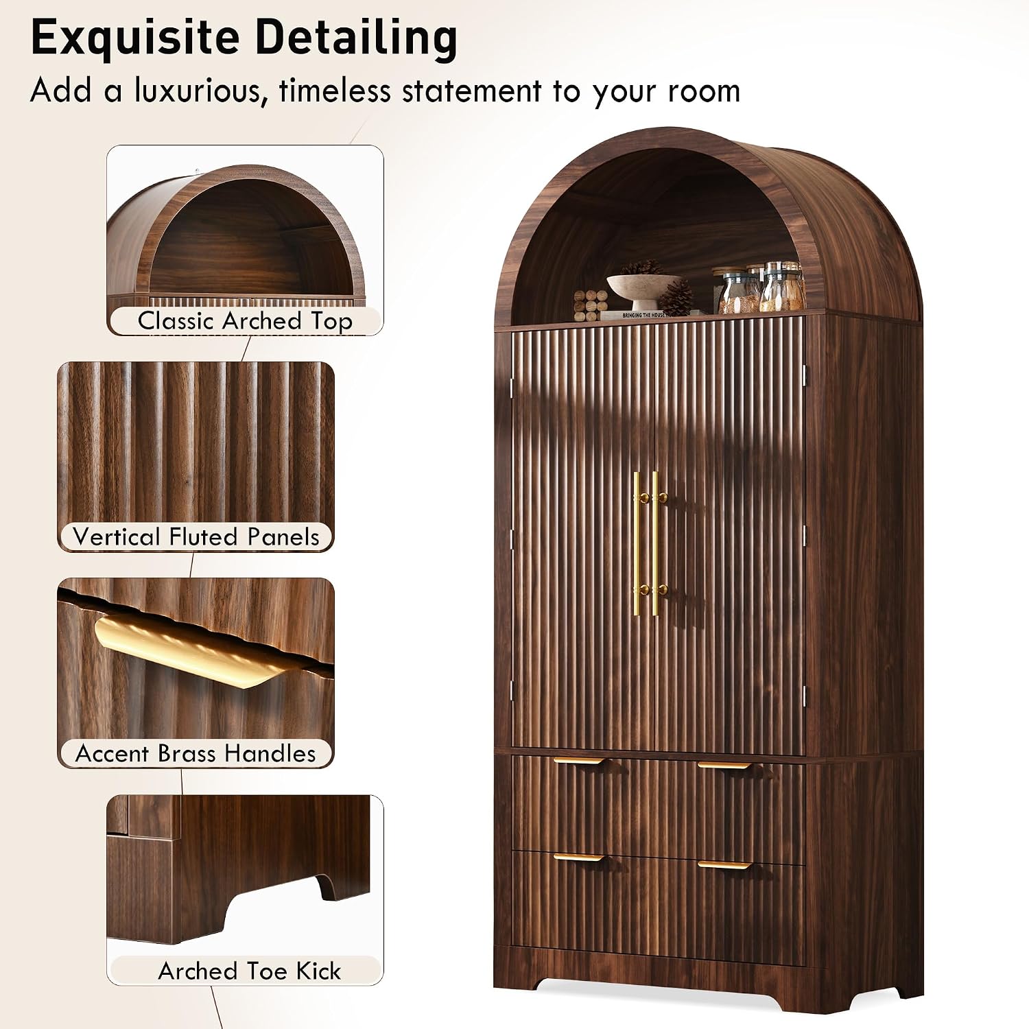 Polibi 72" Tall Arched Kitchen Pantry Cabinet with 2 Drawers & 8 Adjustable Door Shelves, Mid-Century Modern Fluted Storage Cabinet,Wooden Food Cupboard Organizer Buffet Hutch, Walnut