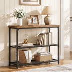 Besiost 32" Industrial Console Table with 3-Tier Storage, Oak Grey | Small Entryway Table with Mesh Shelves, Sofa Table Behind Couch for Hallway, Foyer, Living Room, Sturdy Metal Frame