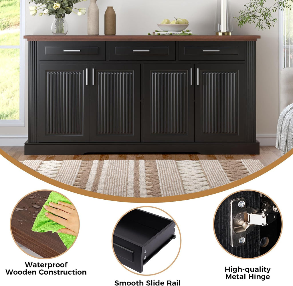 KEIKI 63" Fluted Sideboard Buffet Cabinet with Storage – 4 Doors, 3 Drawers, Adjustable Shelves, Kitchen Buffet, Cabinet for Dishes, Kitchen Console Cabinet, Black