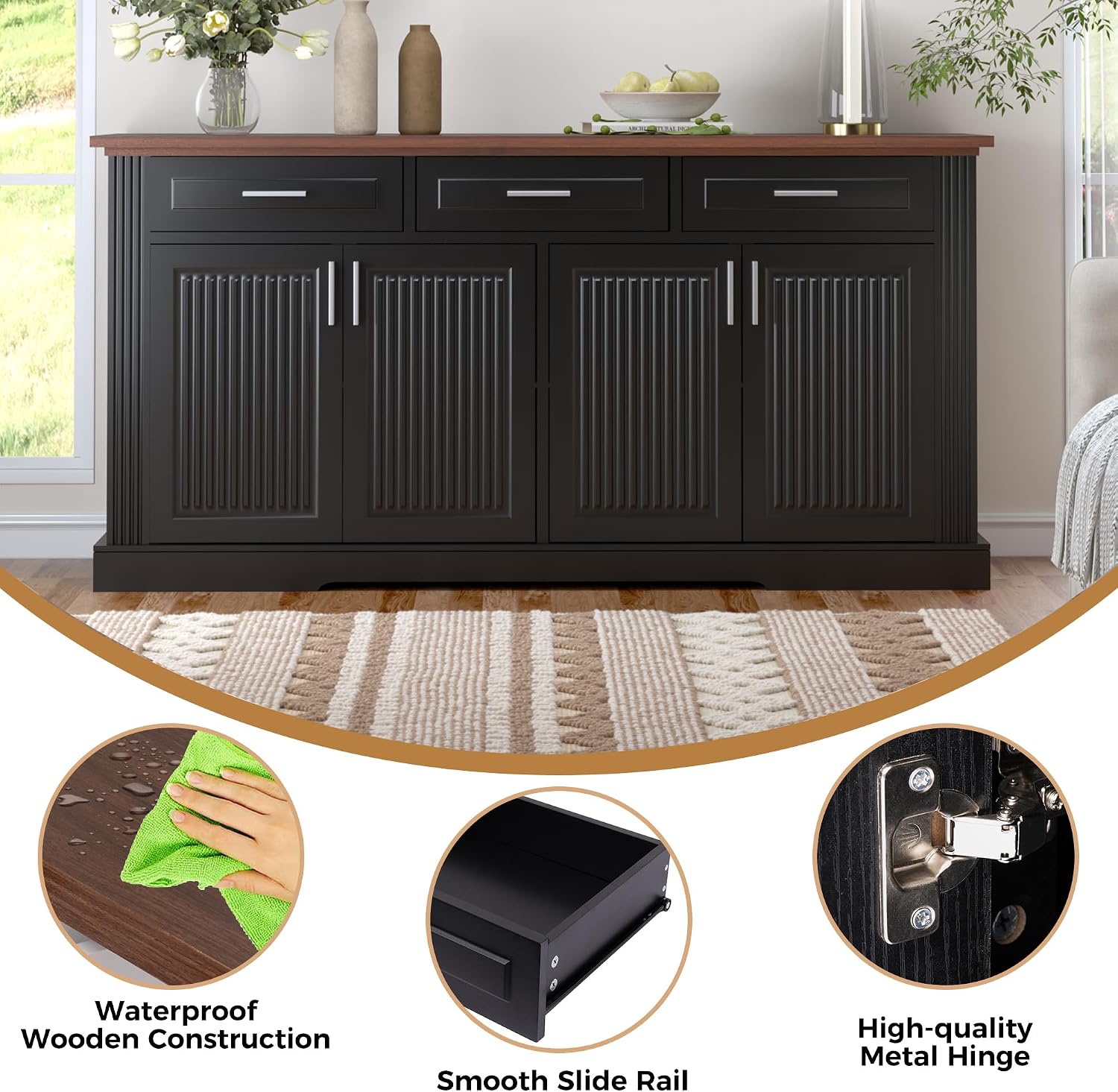 KEIKI 63" Fluted Sideboard Buffet Cabinet with Storage – 4 Doors, 3 Drawers, Adjustable Shelves, Kitchen Buffet, Cabinet for Dishes, Kitchen Console Cabinet, Black