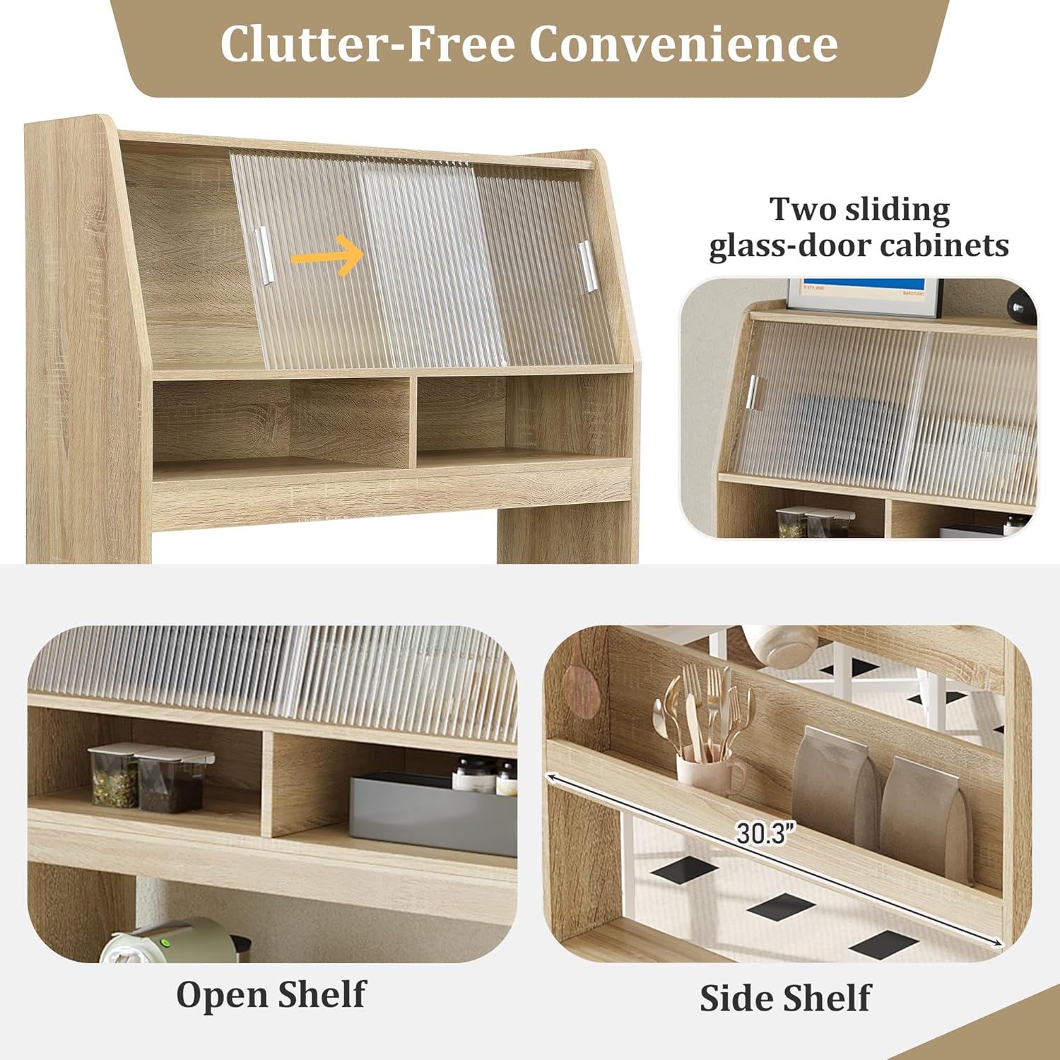 JIJIWANG Compact 33.5x15.7x69inch Buffet with Hutch and Foldable Dining Table, Multifunctional Cupboard with Storage Shelf and Side Hooks for Small Places (Natural Oak, 66.1" L x 31.5" W x 69" H)