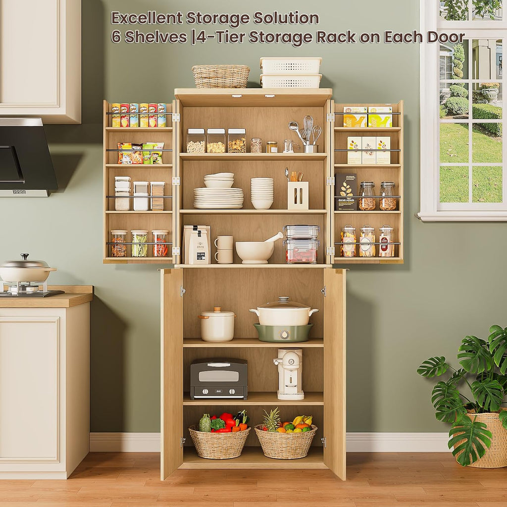 Spaco 72" Tall Kitchen Pantry Cabinet,Modern Fluted Food Storage Cabinet with 6 Door Shelves and Anti-tip Device,4-Door Freestanding Buffet Sideboard for Dining Room,Living Room. (Natural)