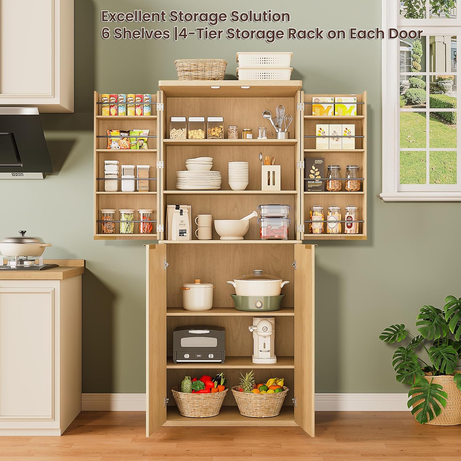 Modern Fluted Wood Pantry Cabinet with 6 Adjustable Shelves & 8 Door-Mounted Spice Racks - Wall-Secure Storage Organizer for Kitchen, Dining, Living Room (Oak)