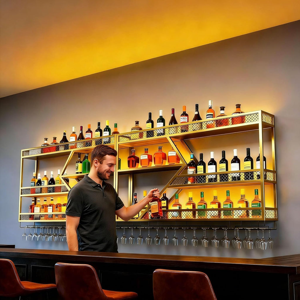 Wall Mounted Wine Rack, 71 Inch, 3-Tier Metal Bottle Shelf with Wine Glass Holder and LED Lights, Industrial Style for Home Bar, Restaurant (Gold, 71in)