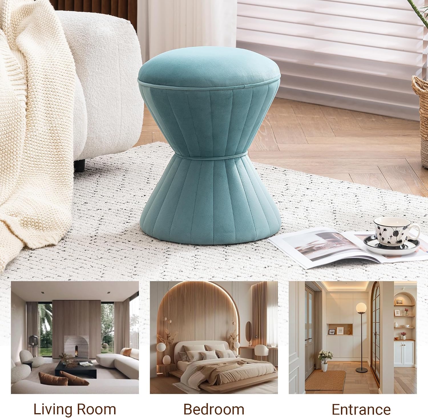 Multifunction Velvet Ottoman, Upholstered Vanity Stool Chair, Sturdy Round Footstool for Makeup, Living Room, Bedroom, Entryway (Sage)