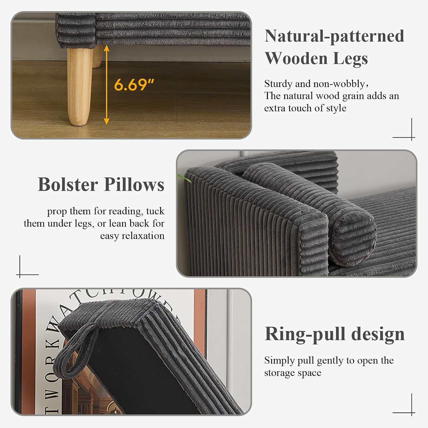 65.35" Storage Bench, Corduroy Upholstered End of Bed Bench with Bolster Pillows, Modern Storage Bench with Natural-Patterned Wooden Legs, Comfy Entryway Bench for Entryway (Charcoal)