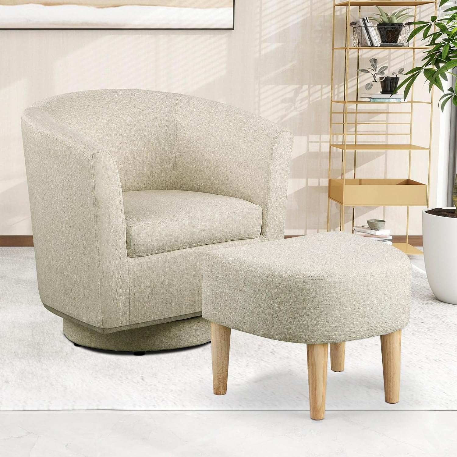 DAZONE Beige Swivel Accent Chair with Ottoman, Comfy Barrel Armchair for Small Spaces, 360° Modern Fabric Lounge Chair for Living Room, Bedroom, Reading Nook, Home Office