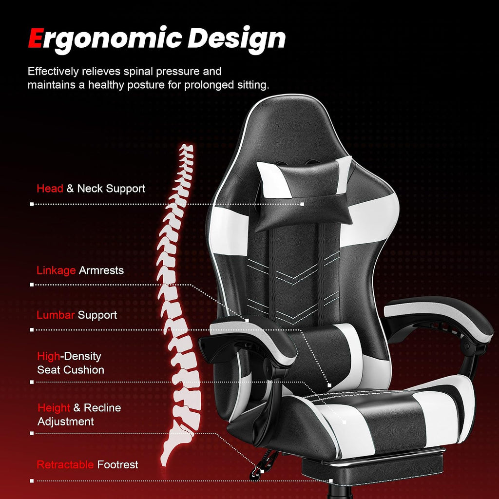 Gaming Chair with Footrest, Ergonomic Video Game Chair for Adults, White | PU Leather, Headrest and Lumbar Support, Height Adjustable 360° Swivel High Back Reclining Computer Chair for Home Office