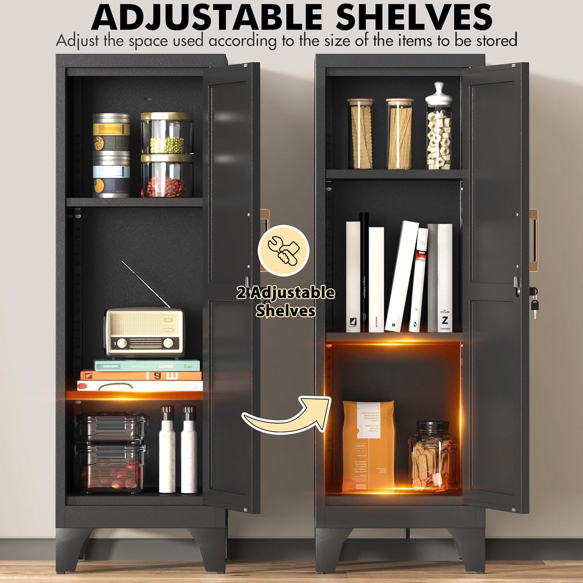 Coolsun 46" H Metal Pantry Cabinet, Metal Storage Locker with Door and 2 Adjustable Shelves, Food Pantry Cabinet for Living Room, Dining Room, Home Office