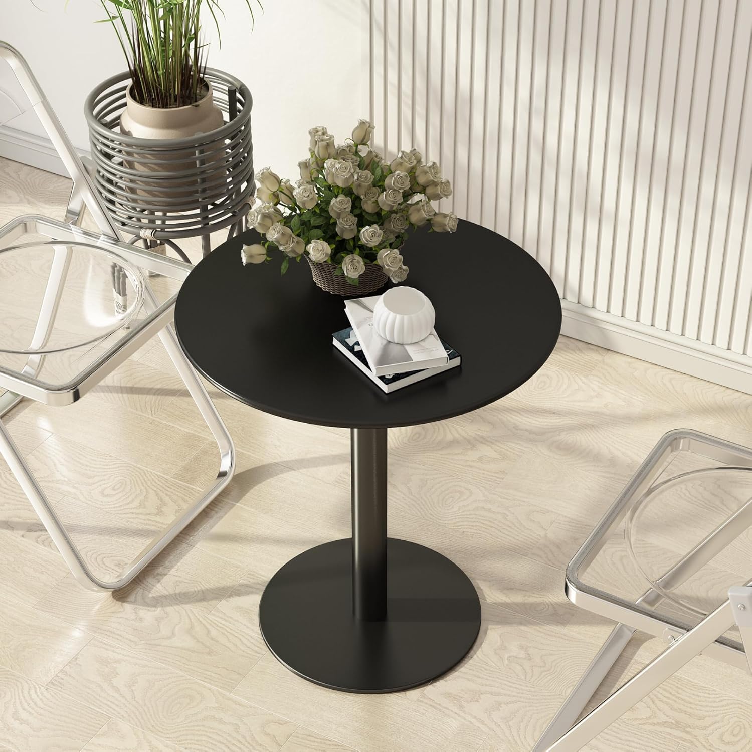 Round Dining Table 24" Circle Tulip Table with Metal Thickened Tabletop & Sturdy Metal Pedestal Mid Century Modern Leisure Bistro Kitchen Tables 2 People Small Places Living Room Cafe,Black