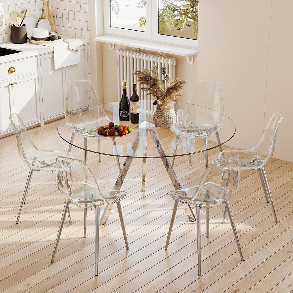 Round Dining Table Set for 6, 47" Clear Tempered Glass Table with Sliver Metal Legs and 6 Transparent Acrylic Chairs, Compact Modern Kitchen Table Set for Small Space Dining Room (Sliver)
