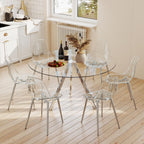 Round Dining Table Set for 6, 47" Clear Tempered Glass Table with Sliver Metal Legs and 6 Transparent Acrylic Chairs, Compact Modern Kitchen Table Set for Small Space Dining Room (Sliver)