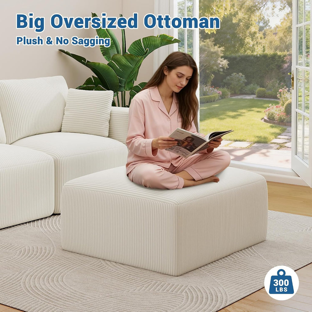 40" Oversized Square Corduroy Ottoman Pouf - Poofy Soft Foot Rest with Foam Chunk Filling, Movable Large Ottoman Pouf Footstool for Living Room Sofa Couch Bedroom, Beige (1 Piece)
