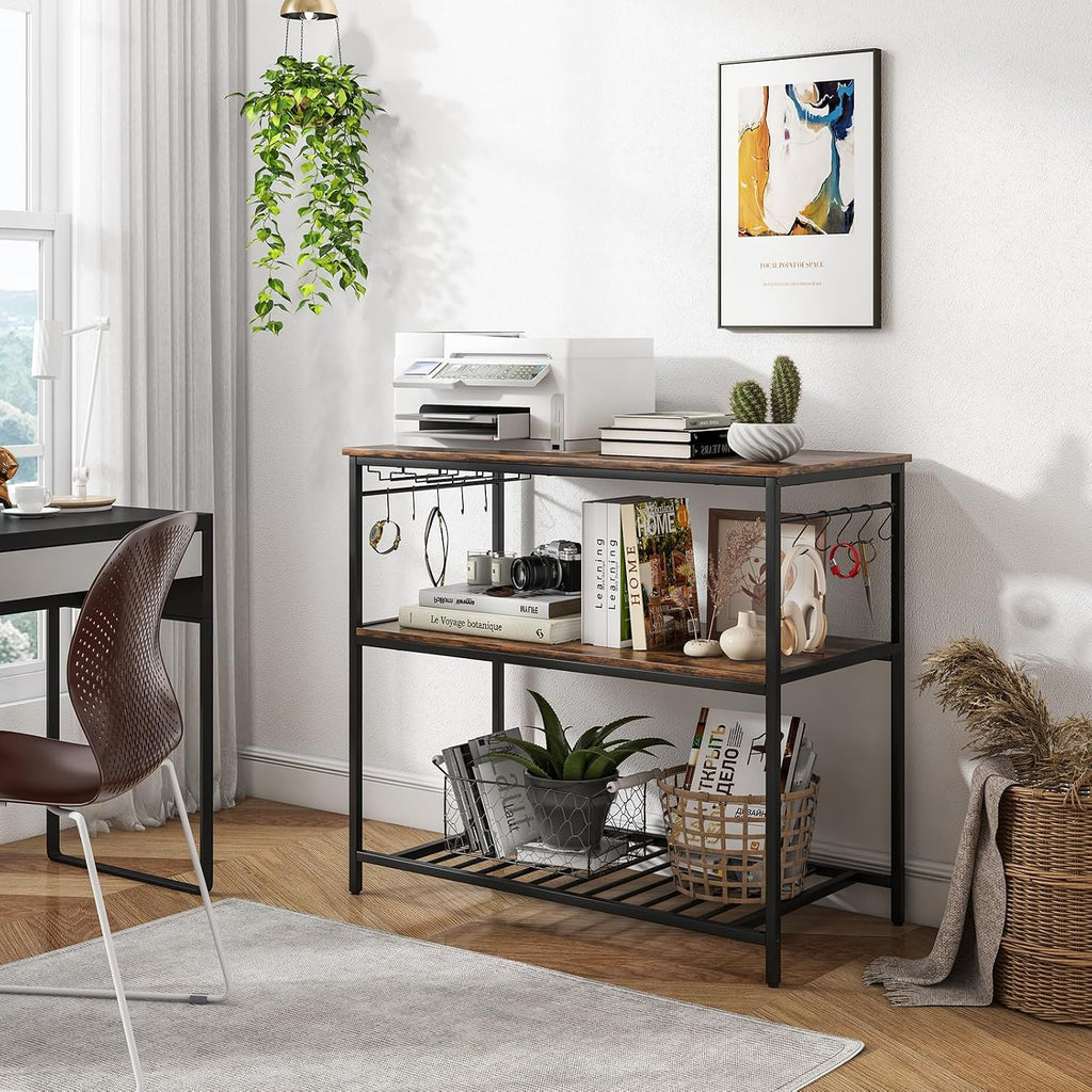 Giantex Kitchen Baker Rack with 3 Tier Storage Shelves, 10 Hooks, Glass Holder, 40" Stationary Island with Spacious Worktop, Industrial Kitchen Shelf, Metal Frame, Easy Assembly (Rustic Brown & Black)