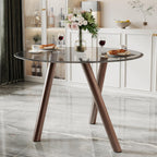 LKTART Small Glass Dining Table for 2-4 People, 35" Round Dining Table with Metal Legs, Glass Kitchen Table for Dining Room Home Office Small Spaces, Walnut