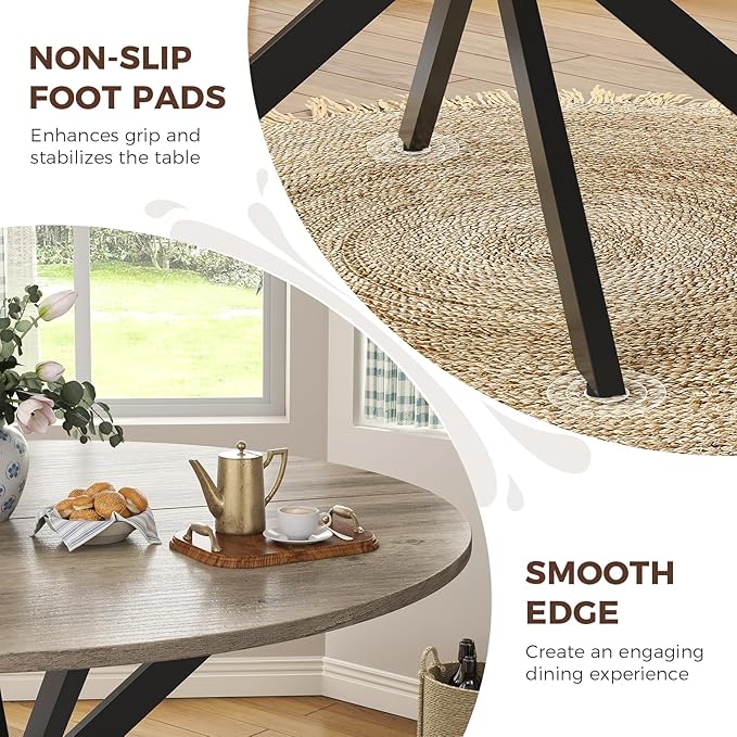 Unovivy 47" Round Dining Table for 4-6, Space Saving Circle Kitchen Dinner Table, Industrial Mid Century Modern Dining Room Desk for Kitchen, Apartment, Light Ivory