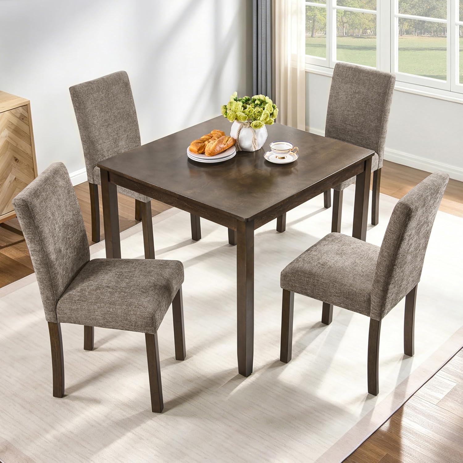 Harper & Bright Designs 5-Piece Dining Table Set with 4 Chairs, 34.5" Square Farmhouse Kitchen Table for Small Spaces, Rustic Walnut Wooden Dining Set for 4 People, Apartment & Dining Room