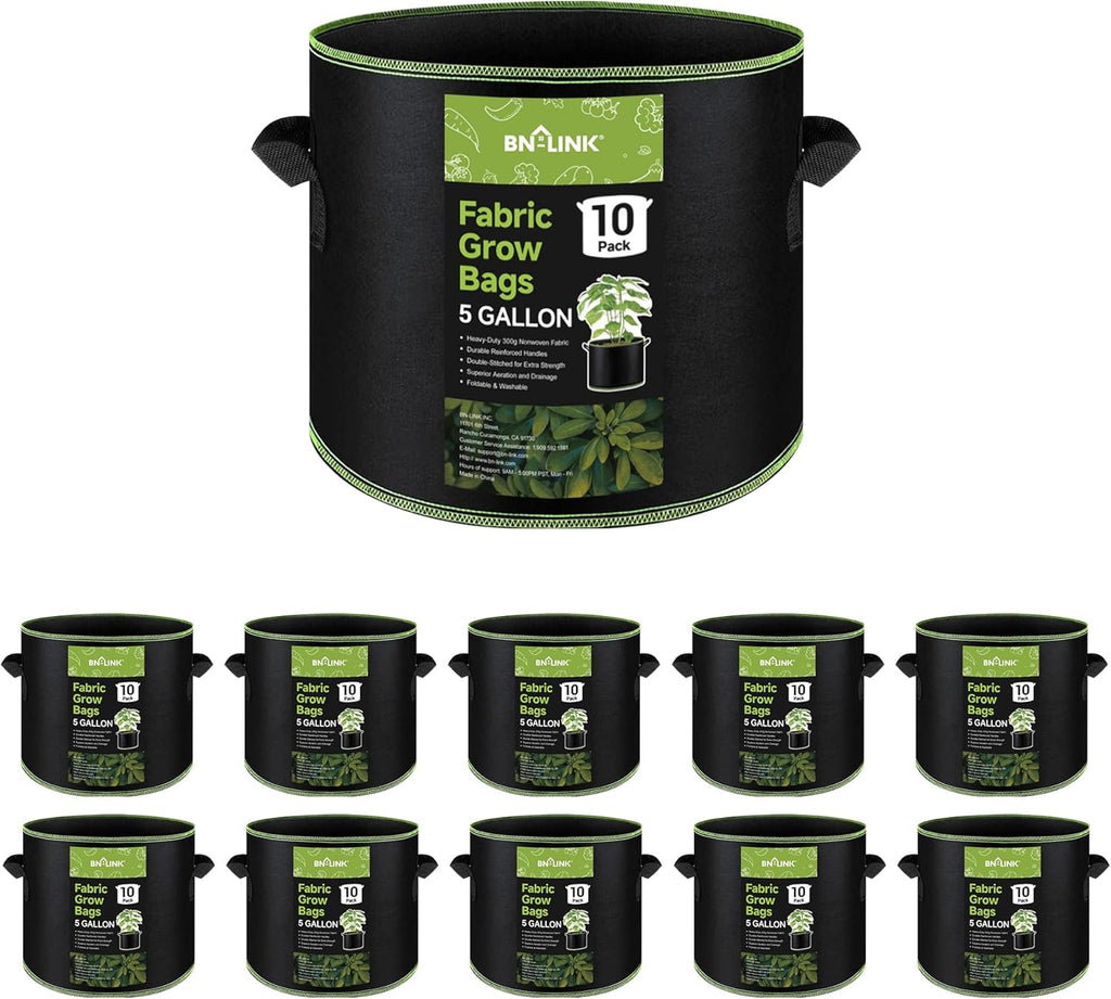 BN-LINK 10-Pack 5 Gallon Grow Bags, Heavy Duty Aeration Fabric Pots with Handles, Thickened Nonwoven Plant Bags for Vegetables, Flowers, Fruits
