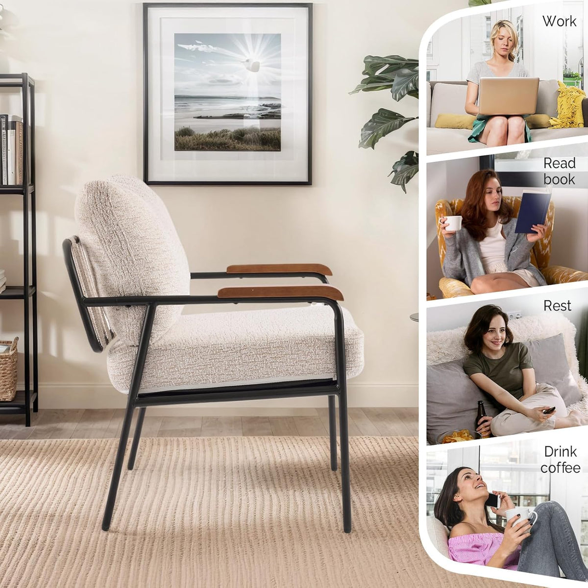 VINGLI Mid-Century Modern Accent Armchiar for Small Space, Small Comfy Upholstered Leisure Reading Chair with Wood Armrest for Bedroom, Living Room, Waiting Room, Linen Beige