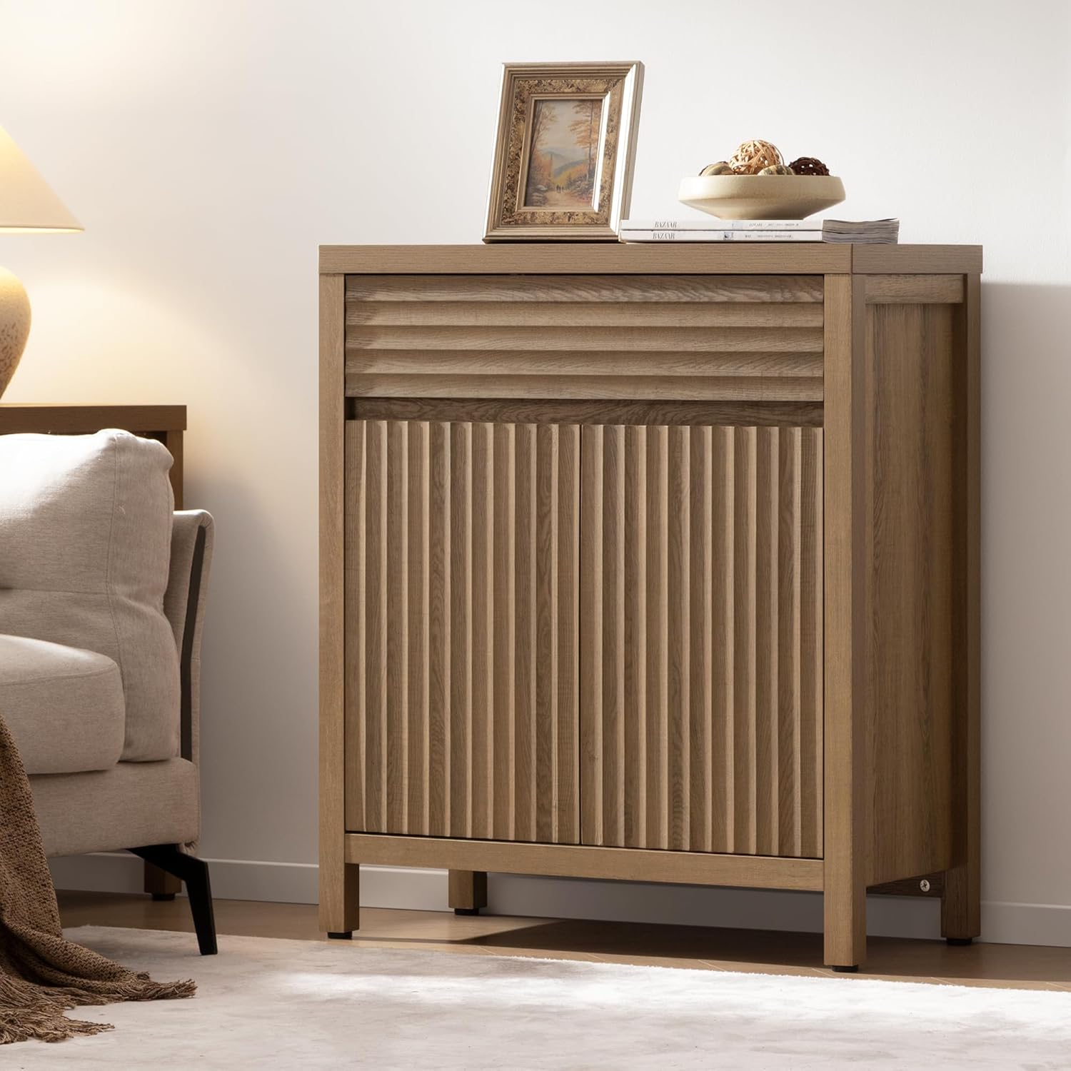 SICOTAS 87" Extra Large Buffet Cabinet with Storage, Modern Fluted Sideboard Cabinet with Drawers & Adjustable Shelves, Premium Credenza for Large Spaces, Reclaimed Caramel Oak, 3 PCS