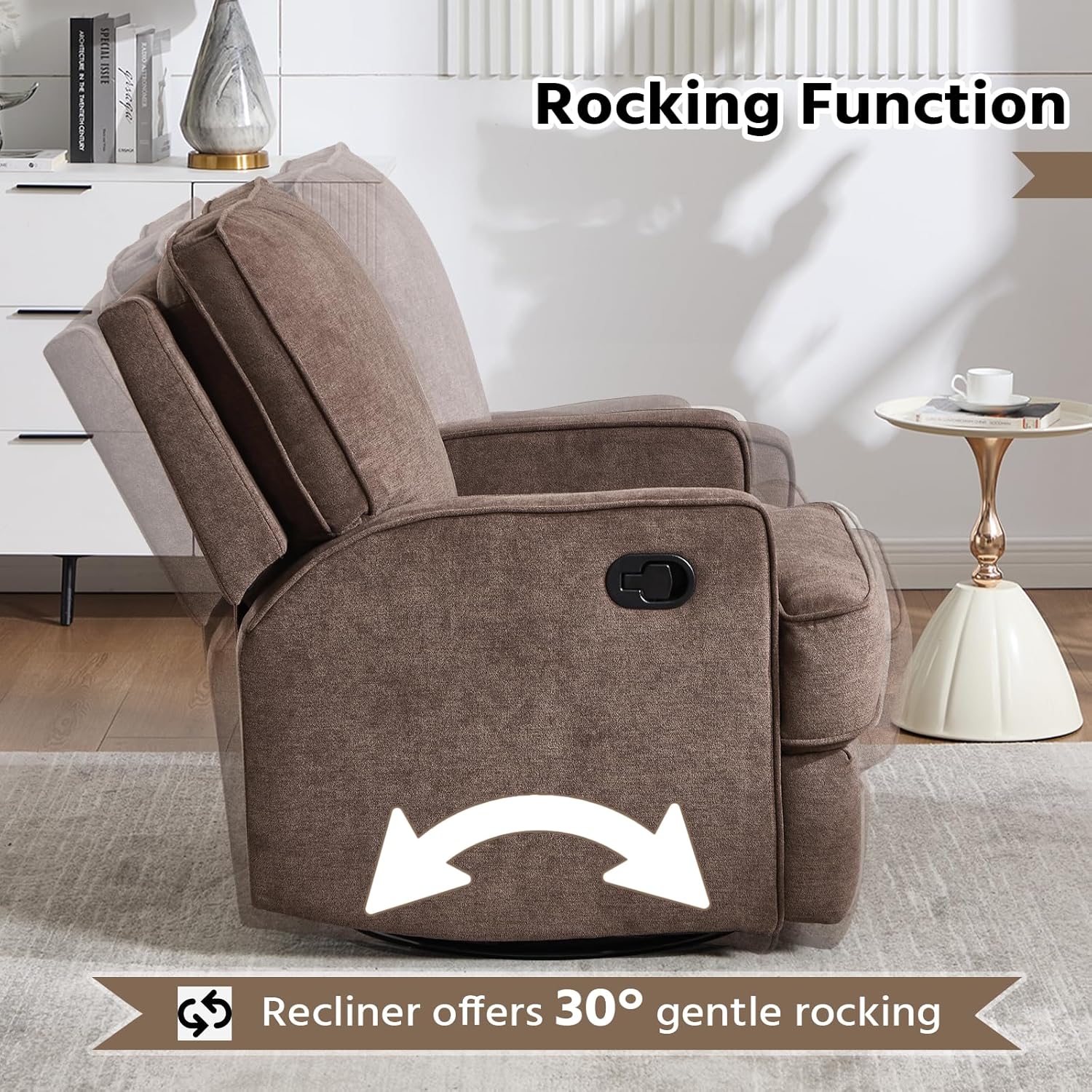 ANJ 360° Swivel Rocker Recliner Chair for Adults, Classic Manual Glider Recliners with Overstuffed Backrest, Upholstered Rocking Reclining Sofa Chair for Living Room, Brown