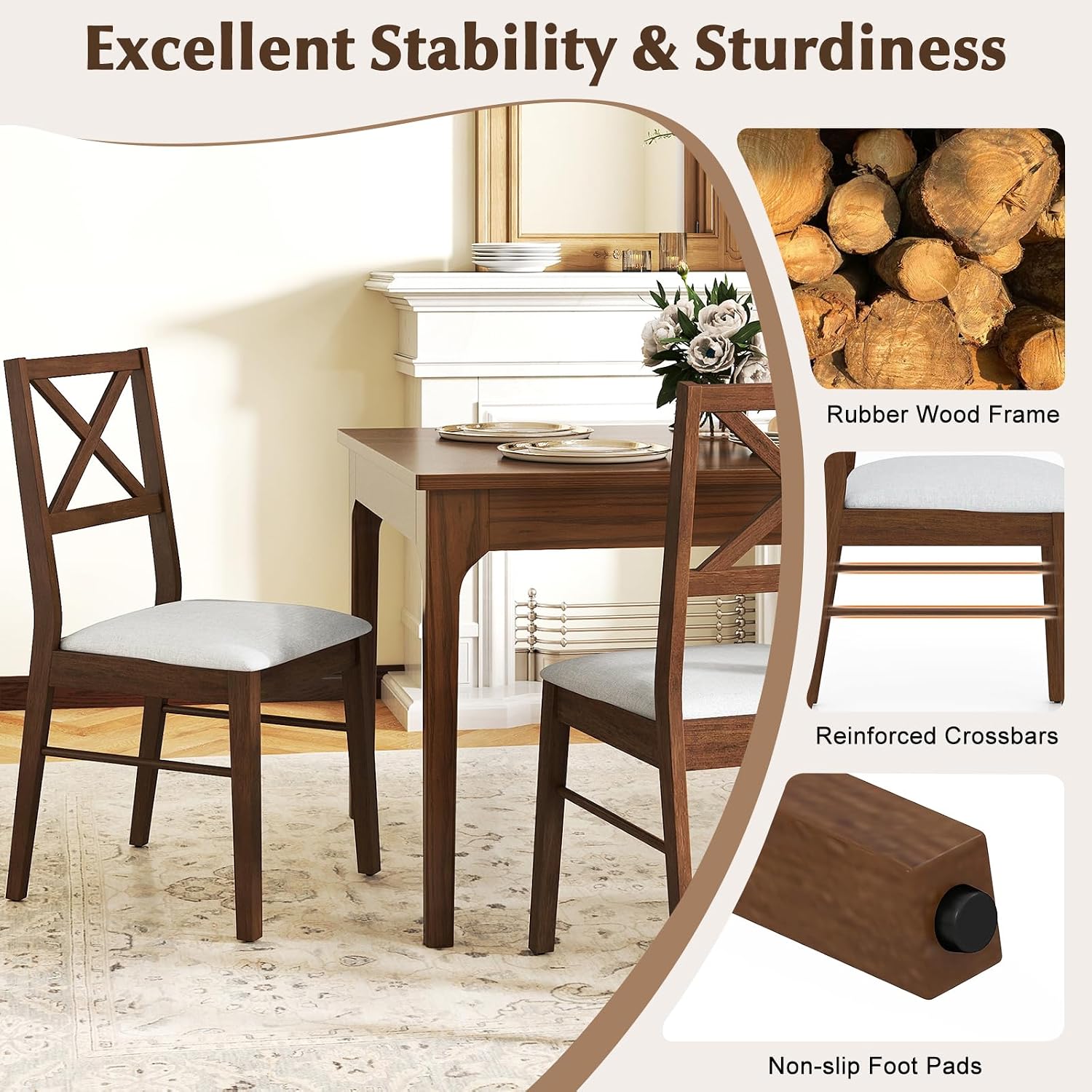 GOFLAME Dining Chairs Set of 4, Upholstered Kitchen Side Chairs with Rubber Wood Frame, Padded Seat, Cross Back, Farmhouse Armless Dinette Chairs for Dining Room, Living Room, Brown & White
