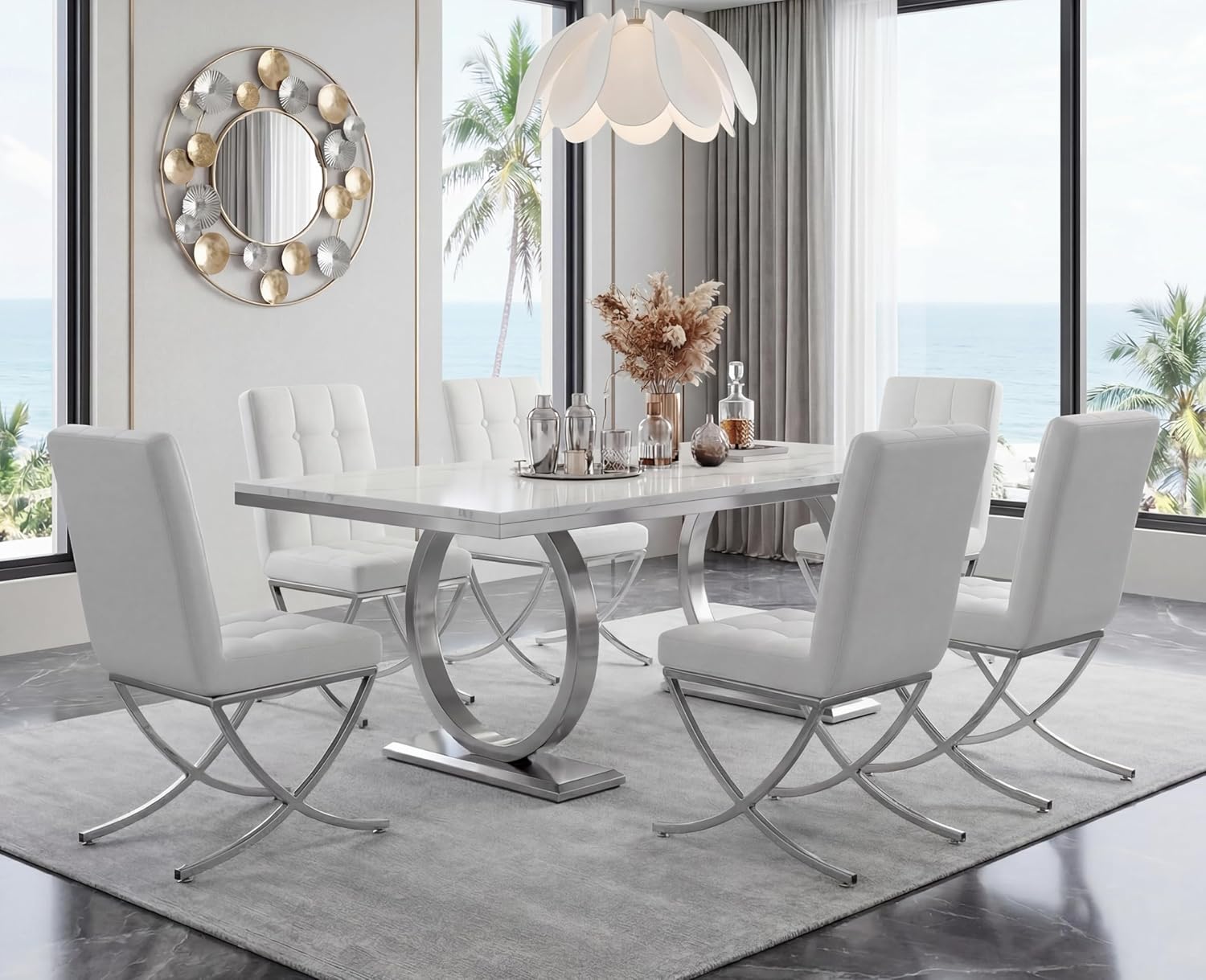EALSON Modern Dining Chairs Set of 6, White Leather Upholstered Seater with Chrome Metal Legs and High Tufted Backs, Armless, for Dining Room/Kitchen/Restaurant Use
