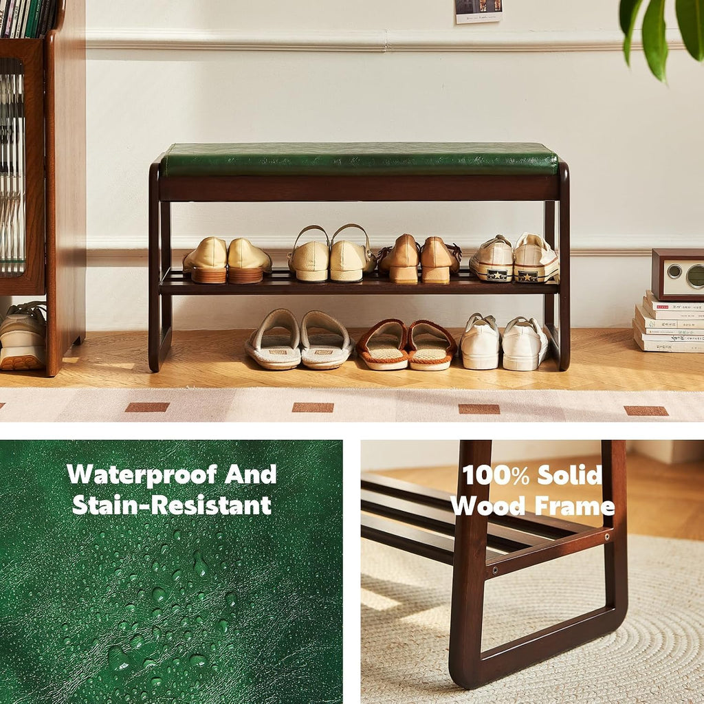 Shoe Rack Bench,2 Tier Wooden Entryway Bench,Solid Wood Shoe Bench with Cushion for Living Room Hallway Bedroom(Green, 39.4''L)