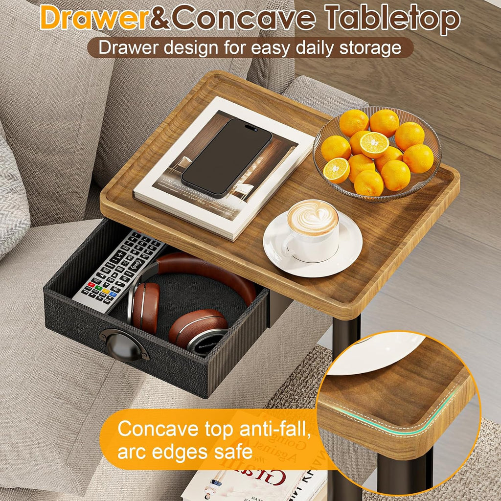 Cutogxon TV Tray Table with Wheels & Drawer,Adjustable Height C Shaped End Table for Eating,End Table with Swivel Top for Small Spaces, Sofa Side Table for Bedroom & Living Room（Walnut Brown）