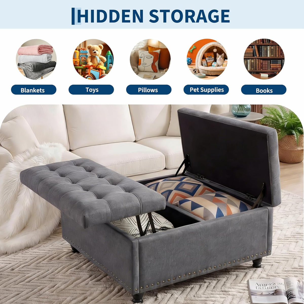36" Large Square Storage Ottoman with Lift Top, 300 LBS Tufted Upholstered Ottoman Coffee Table Bench with Study Wood Legs, Multi-Functional Footrest Storage Box for Living Room and Bedroom (Gray) ﻿
