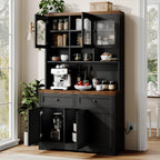GarveeHome Pantry Cabinet with Charging Station, Tall Kitchen Pantry Storage Cabinet with Hutch,70.8 Inch Kitchen Cabinet with 30mm Thickened Countertop, Fluted Glass Doors, for Dining Room, Balck