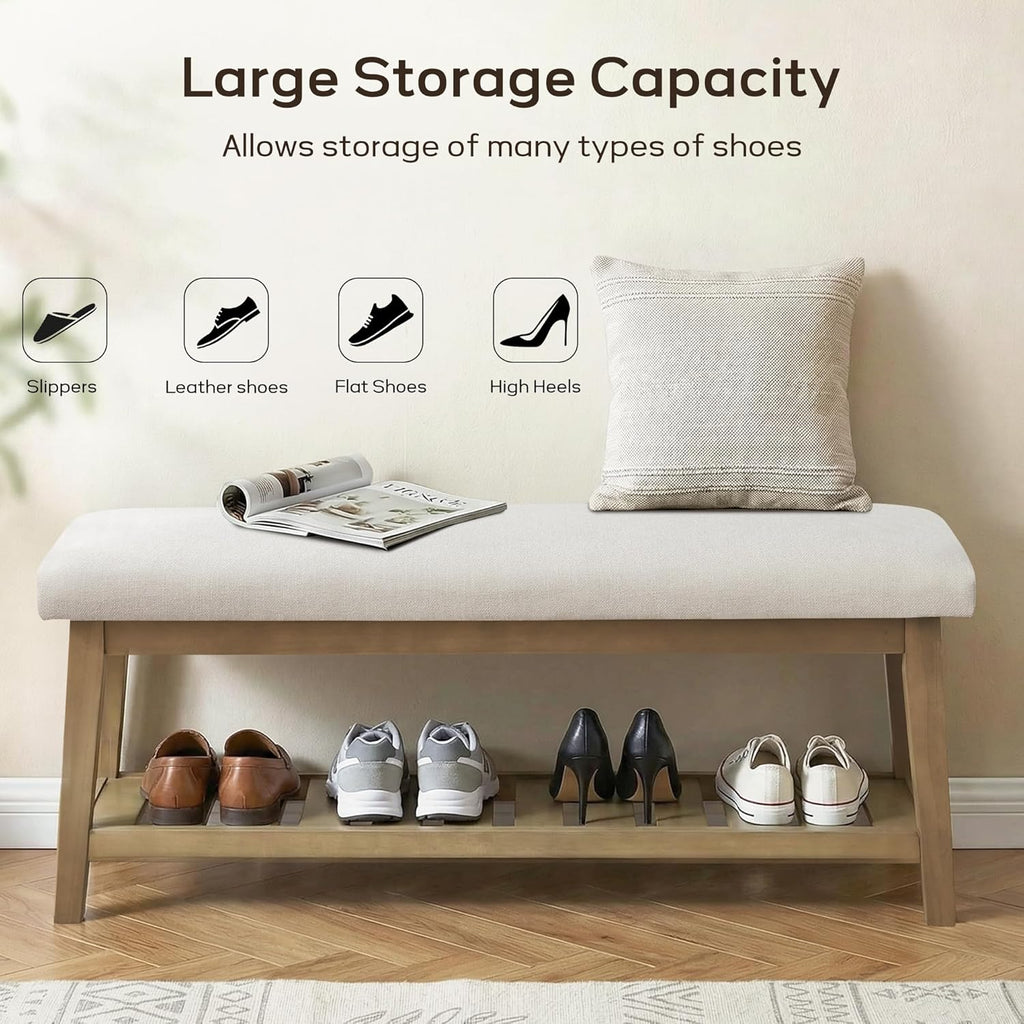 Entryway Bench with Cushion, Upholstered Shoe Rack Bench with Solid Wood Shelf, 44" End of Bed Bench for Bedroom, Chenille Fabric Storage Bench for Entryway, Hallway, Living Room (Beige)