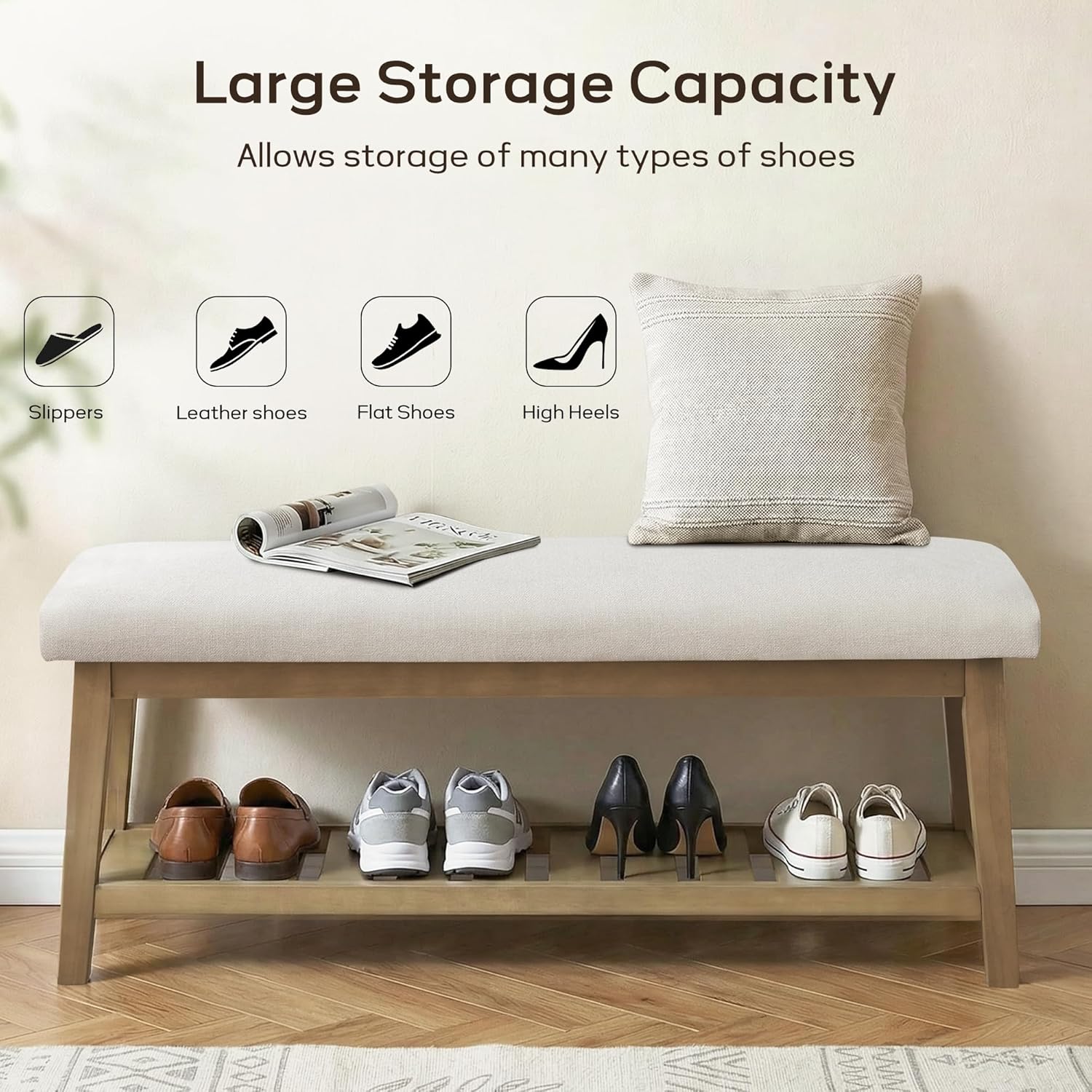 Entryway Bench with Cushion, Upholstered Shoe Rack Bench with Solid Wood Shelf, 44" End of Bed Bench for Bedroom, Chenille Fabric Storage Bench for Entryway, Hallway, Living Room (Beige)
